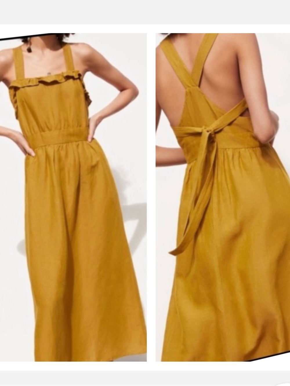 ZARA LINEN BLEND MUSTARD GOLDEN CROSS BACK RUSTIC BOHO MIDI MAXI DRESS $69.90